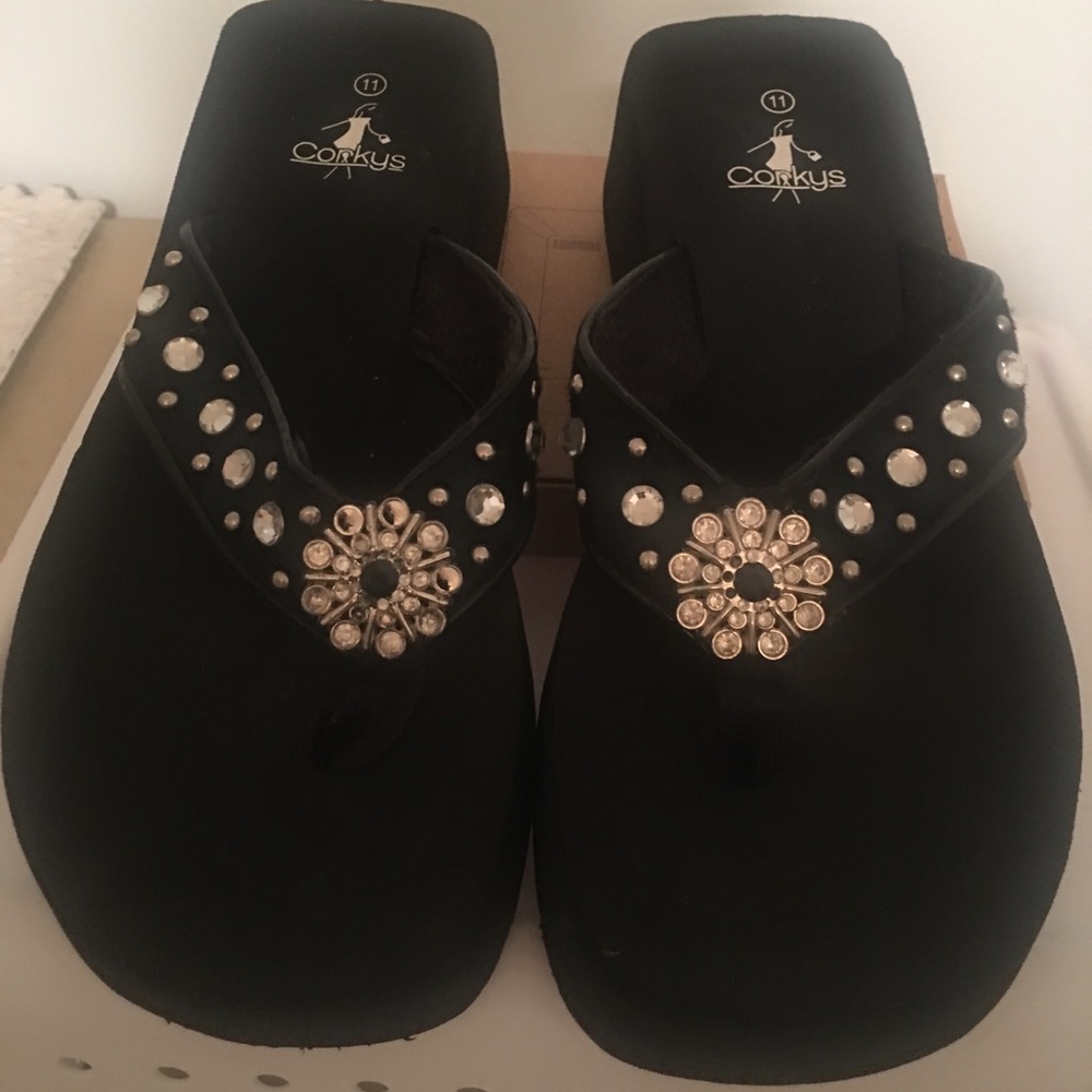 🎇NWOT CORKYS RHINESTONE WEDGE FLIP FLOPS SIZE 11